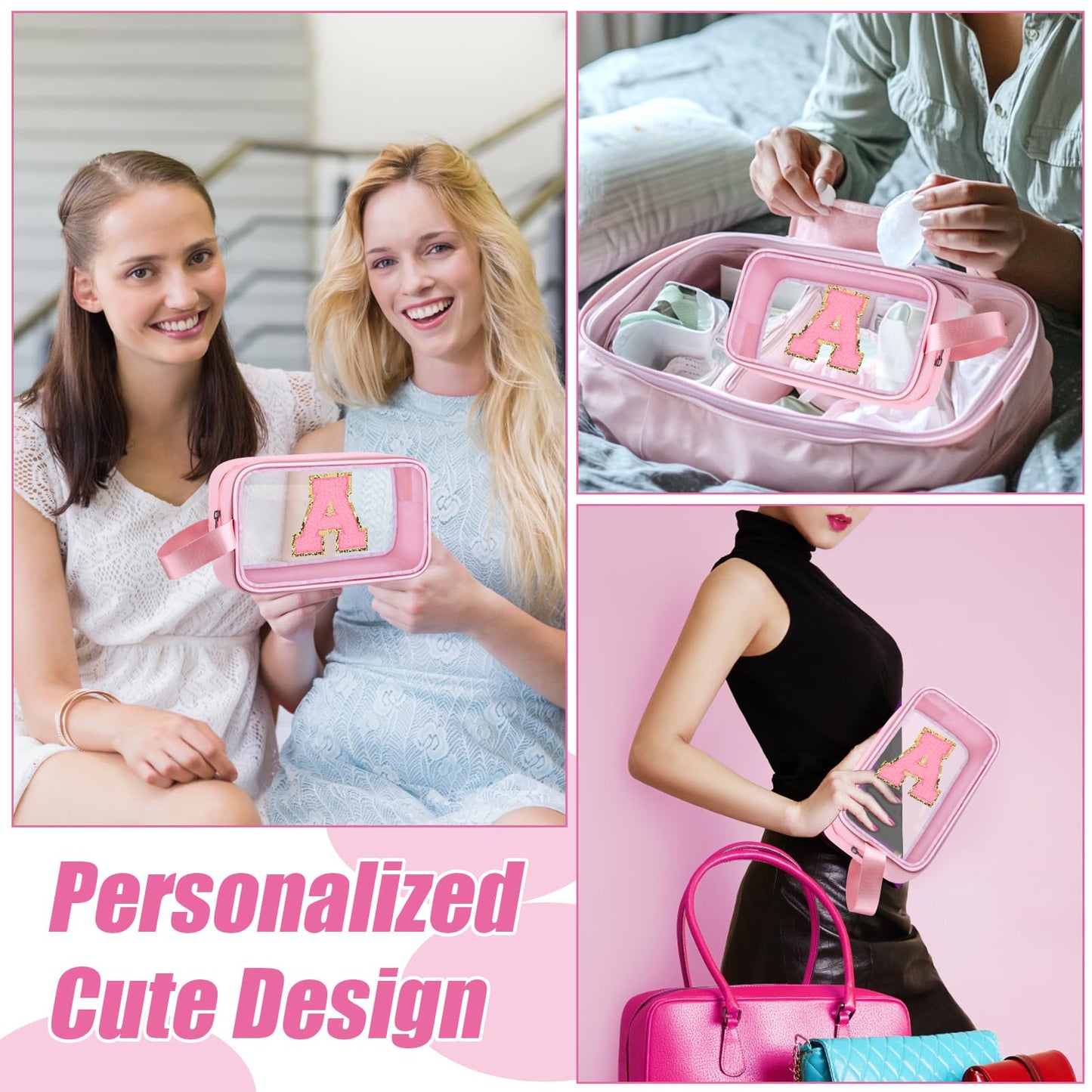 Vodolo Initial Makeup Bag,Letter A Cute Clear Monogrammed Cosmetic Travel Bag for Womens Girls,Personalized Pink Aesthetic Traveling Make Up Organizer Bag for Beach,Waterproof Toiletry Bag