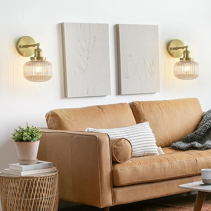 Vintage Wall Sconces with Amber Pumpkin Glass Lampshade, Indoor Bathroom Wall Sconce, Modern Gold Industrial Lighting Fixture for Mirror Living Room Hallway 1 Pack