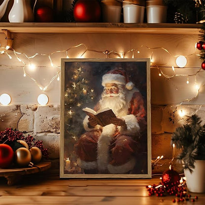 Framed Vintage Christmas Canvas Wall Art, Santa Claus Reading Book Paintings Wall Decor, Rustic Winter Holiday Pictures Prints for Living Room Bedroom Home Decoration 12×16 inch