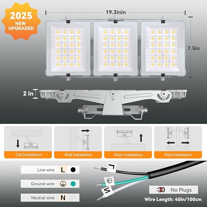 300W 2025 Plus New Upgraded LED Flood Light Outdoor, 30000LM Super Bright Stadium Lights, 6000K Daylight White, IP66 Waterproof, 3 Heads Adjustable Outdoor Floodlight for Yards, Arena, Garden