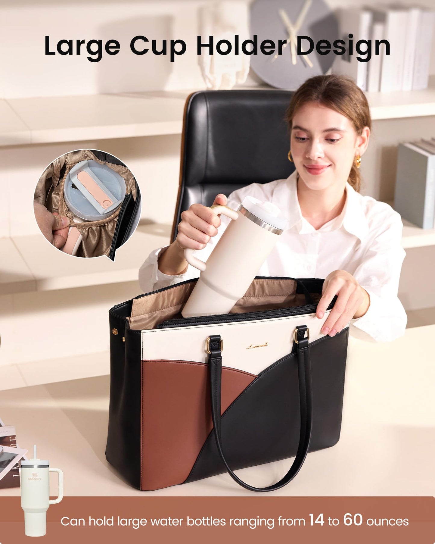 LOVEVOOK Laptop Bag for Women,15.6 Inch Work Teacher Bags Leather Tote Bag Briefcase Waterproof Computer Bag for Women，Black-White-Brown
