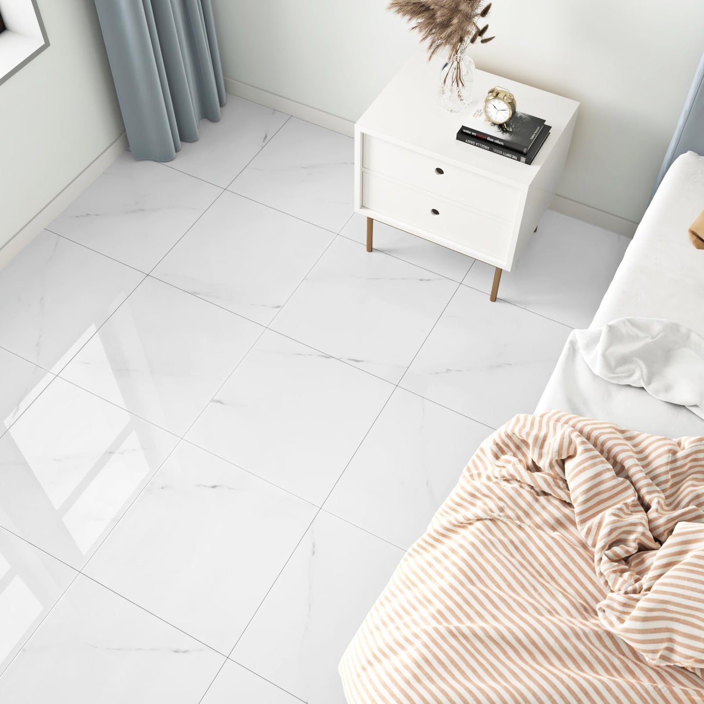 WESTICK 20 PCS Peel and Stick Floor Tile Bathroom Waterproof White Marble Vinyl Flooring Adhesive Vinyl Tiles Peel and Stick Floor Self Stick on Floor Tiles for Bedroom Kitchen Camper 12" x 12"