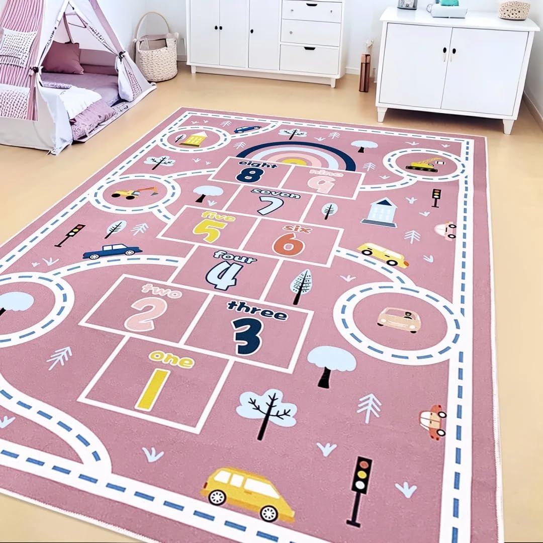 Abeigoi Play Mat Area Rug 5'x8' Pink, Extra Large Hopscotch Carpet for Kids Girls Bedroom Soft Classroom Rug Educational Learning Rug Children Rug