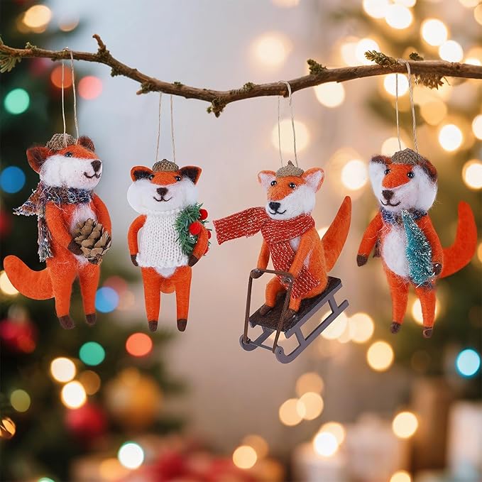 Set of 4 Christmas Felt Fox Ornaments, 5" Mini Wool Mr. Foxes Figurines for Christmas Tree Wreath Hanging, Fantastic Xmas Tabletop Decor, Animal Crafts Holiday Easter Gifts Party Supply