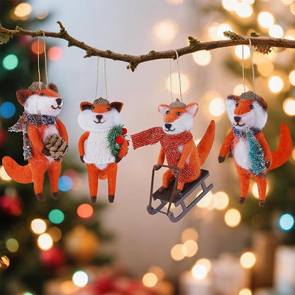 Set of 4 Christmas Felt Fox Ornaments, 5" Mini Wool Mr. Foxes Figurines for Christmas Tree Wreath Hanging, Fantastic Xmas Tabletop Decor, Animal Crafts Holiday Easter Gifts Party Supply
