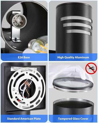 Dusk to Dawn Outdoor Lighting 2 Pack, Modern Outdoor Wall Lights Black Exterior Lighting Fixtures with E26 Base, Cylinder Sconce Waterproof Outdside Lights for House Porch, Bulbs Include