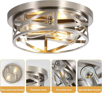 Close to Ceiling Light Fixtures, 2-Light Brushed Nickle Flush Mount Ceiling Light, 11 Inch Metal Cage Cross Modern Indoor House Ceiling Lights for Kitchen Bedroom Living Room Foyer Hallway Office