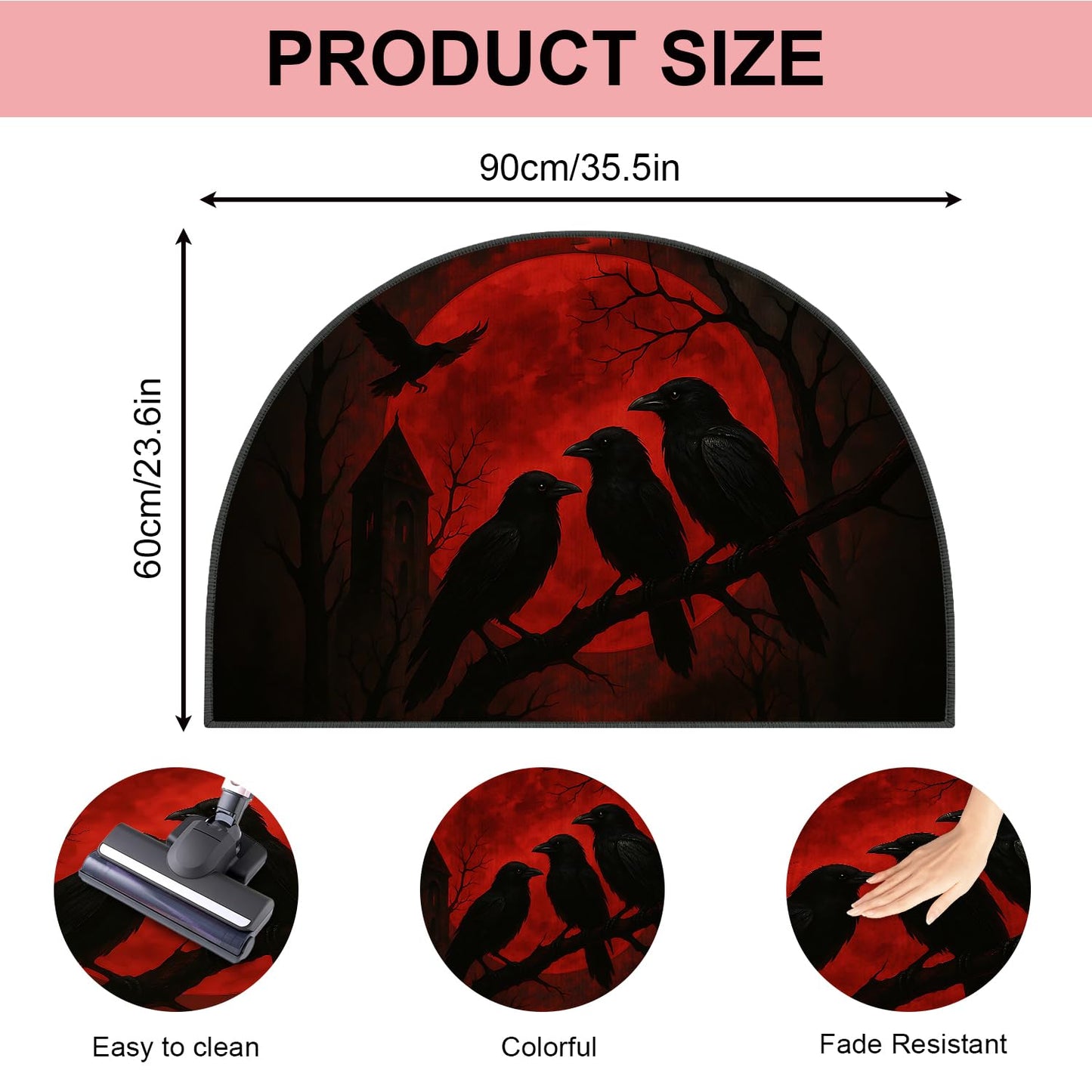 ANNA QUEEN Halloween Semicircular Entrance Door Mat 24" x 36", Gothic Raven Moon Indoor Outdoor Doormat, Non Slip Half Round Welcome Rug Low Profile for Front Door Entryway Porch Patio