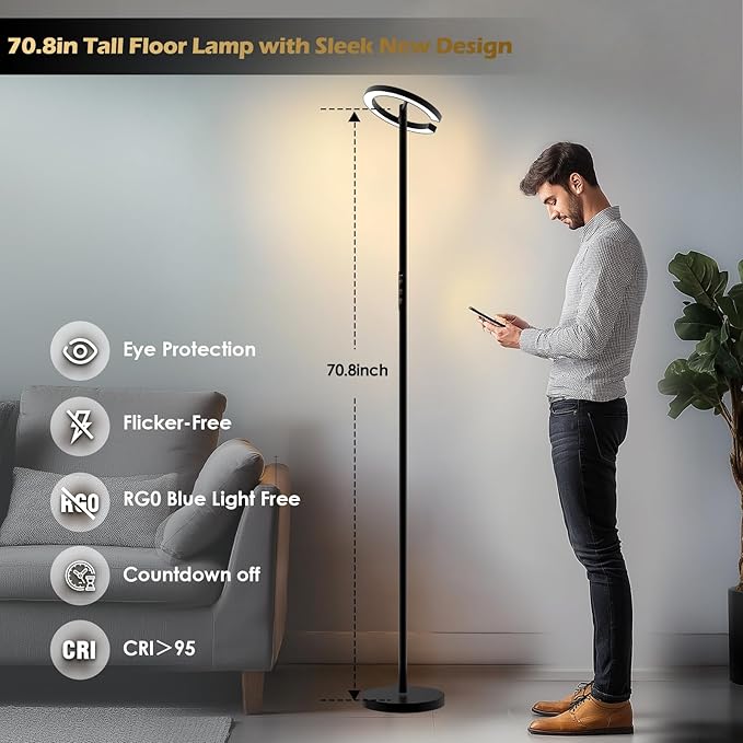 GLOWRIUM Floor Lamp with Remote,Floor Lamps for Living Room,Stepless Dimmable Rotatable Reading Floor Lamp, 2700-6500K,Modern Bright Floor Light for Living Room Bedroom Office (H3B)