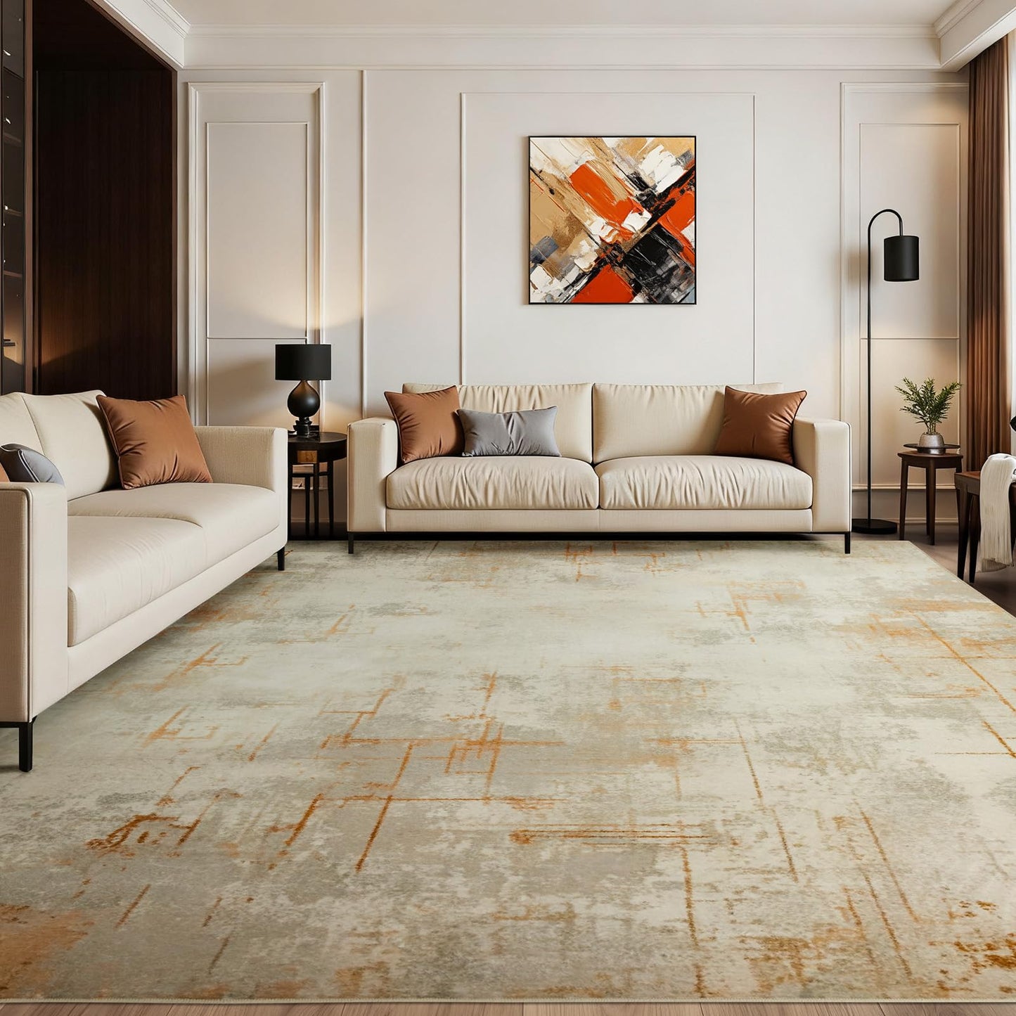 Joydeco 8x10 Area Rugs for Living Room, Washable Modern Abstract Non Slip Soft Rug, Low Pile Carpet for Bedroom, Dining Room, Home Office, Pet & Child Friendly, Light Brown & White & Beige
