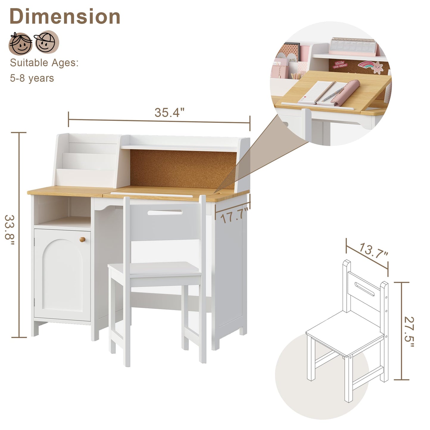 Treocho Kids Study Desk and Chair Set, Kids Desk with Hutch and Tiltable Desktop for 3-8 Years Old, Wooden Children Study Table with Storage Cabinet, Student Writing Desks, Home School, Natural