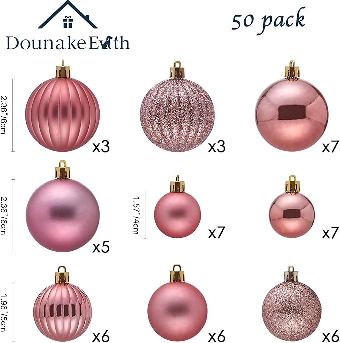 50ct Christmas Balls Ornaments for Xmas Tree, Pink Shatterproof Christmas Tree Decorations Hanging Ball for Holiday Party Decor(1.57"-2.36")