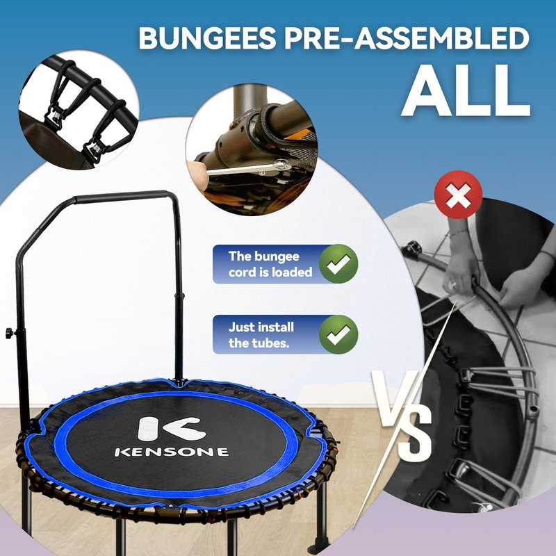 K KENSONE 48" Foldable Rebounder Trampoline for Adults with Bungee, 550 LBS Quiet Indoor Mini Trampoline for Adults Fitness with Adjustable U-Shaped Handle Bar for Gym Workout, Home Exercise, Blue