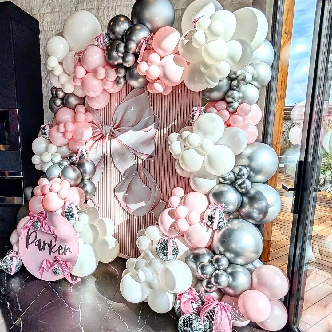 Pink White Silver Balloons Arch Kit, 162pcs Winter Wonderland Garland with Pastel Pink White Metallic Silver and Confetti Balloons for Wedding Princess Snowflake Theme Birthday Party Decorations