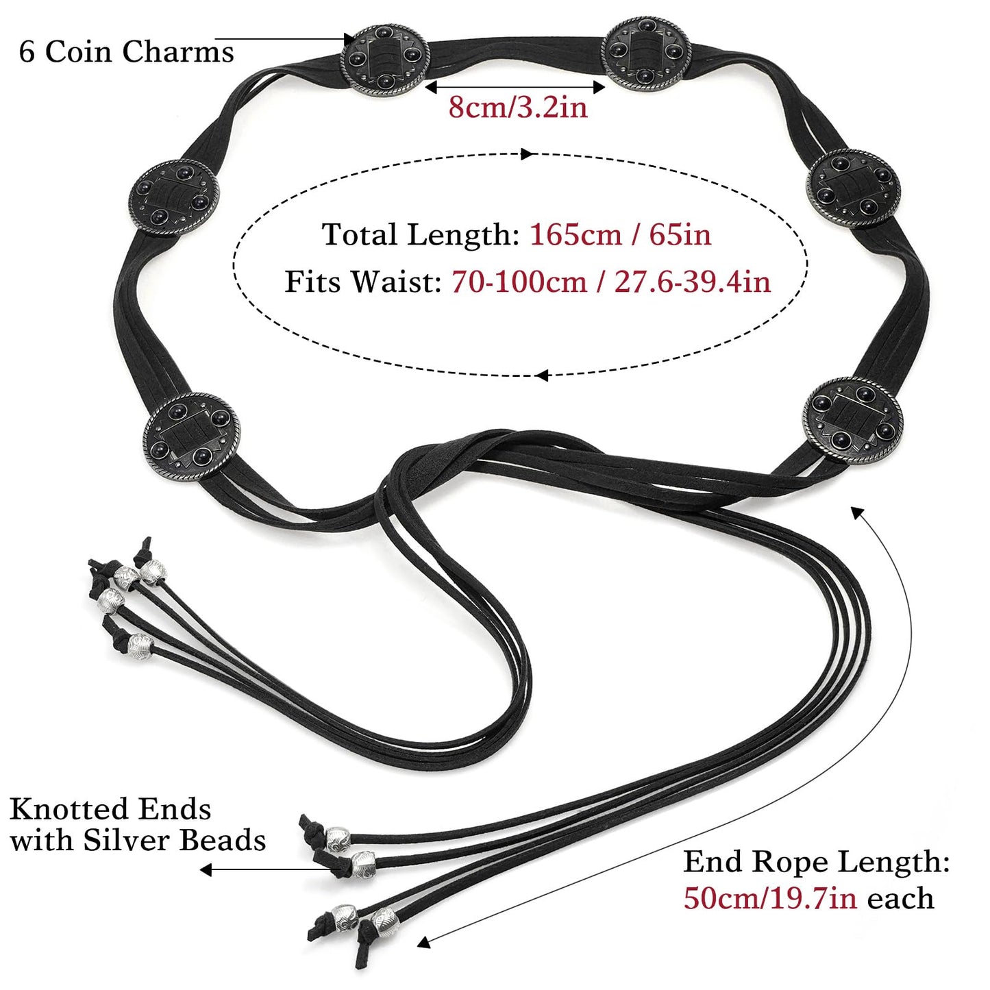 Buywis Women Knotted Waist Belt Bohemian Style Tassel Belt Vintage PU Leather Belts for Dresses Black Fit Waist 27.6"-39.4"