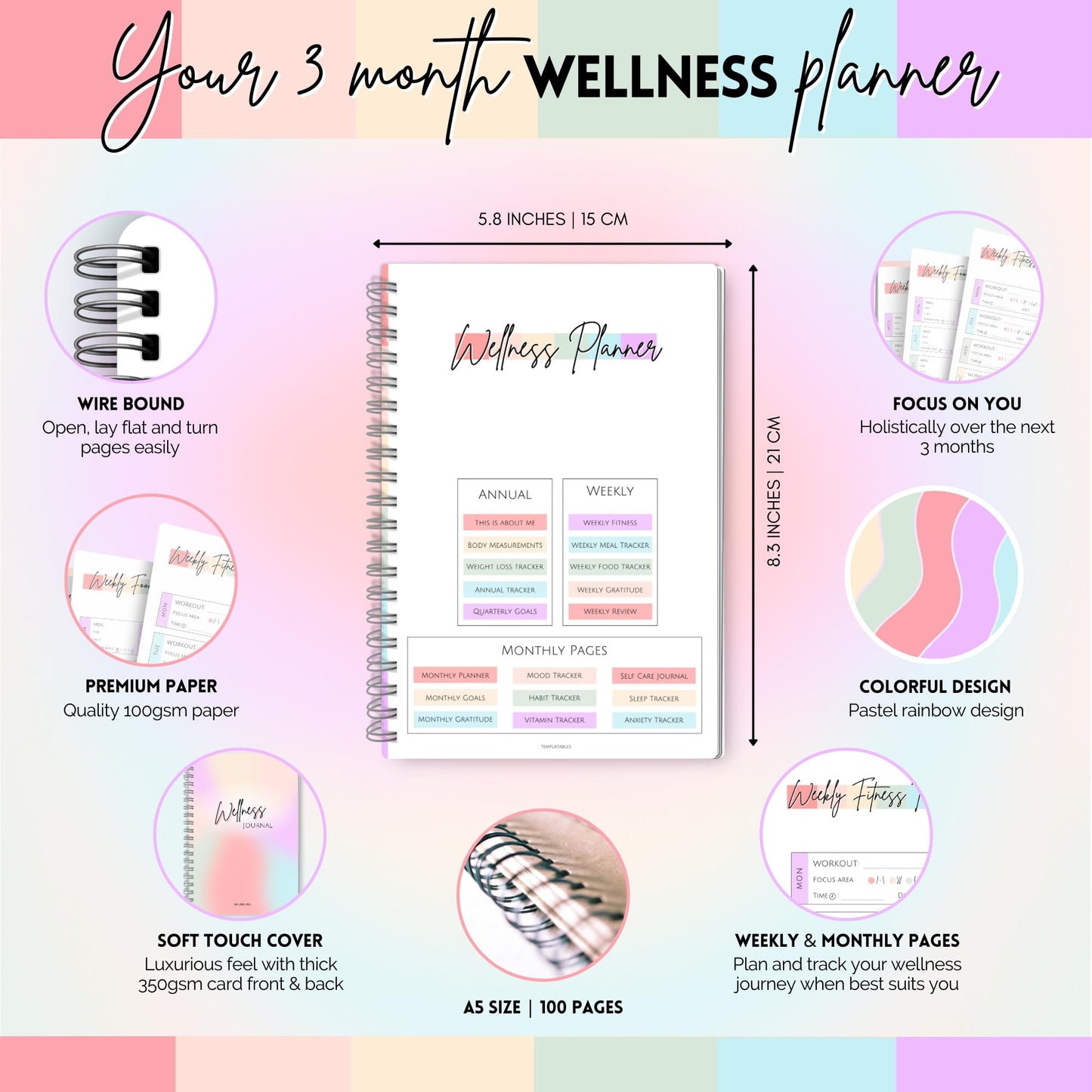 Wellness Journal - 90 Day Health, Fitness, Gratitude, Mindfullness, Wellbeing, Habit, Goals, Diet & Food Tracker - A5 (Pastel Rainbow)