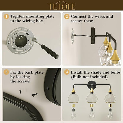 TETOTE 2-Light Modern Bathroom Light Fixtures, 2 Light Vanity Lights Over Mirror Black & Gold Wall Lamp with Clear Glass for Bathroom, Mirror, Living Room, Bedroom, Hallway