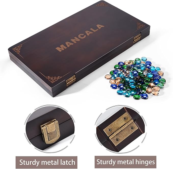 VAMSLOVE Mancala 4 Player Board Game Set Luxury Solid Wood Folding Mancala Board 96+12 Bonus Multi Color Glass Stone Beads Game Instructions Included