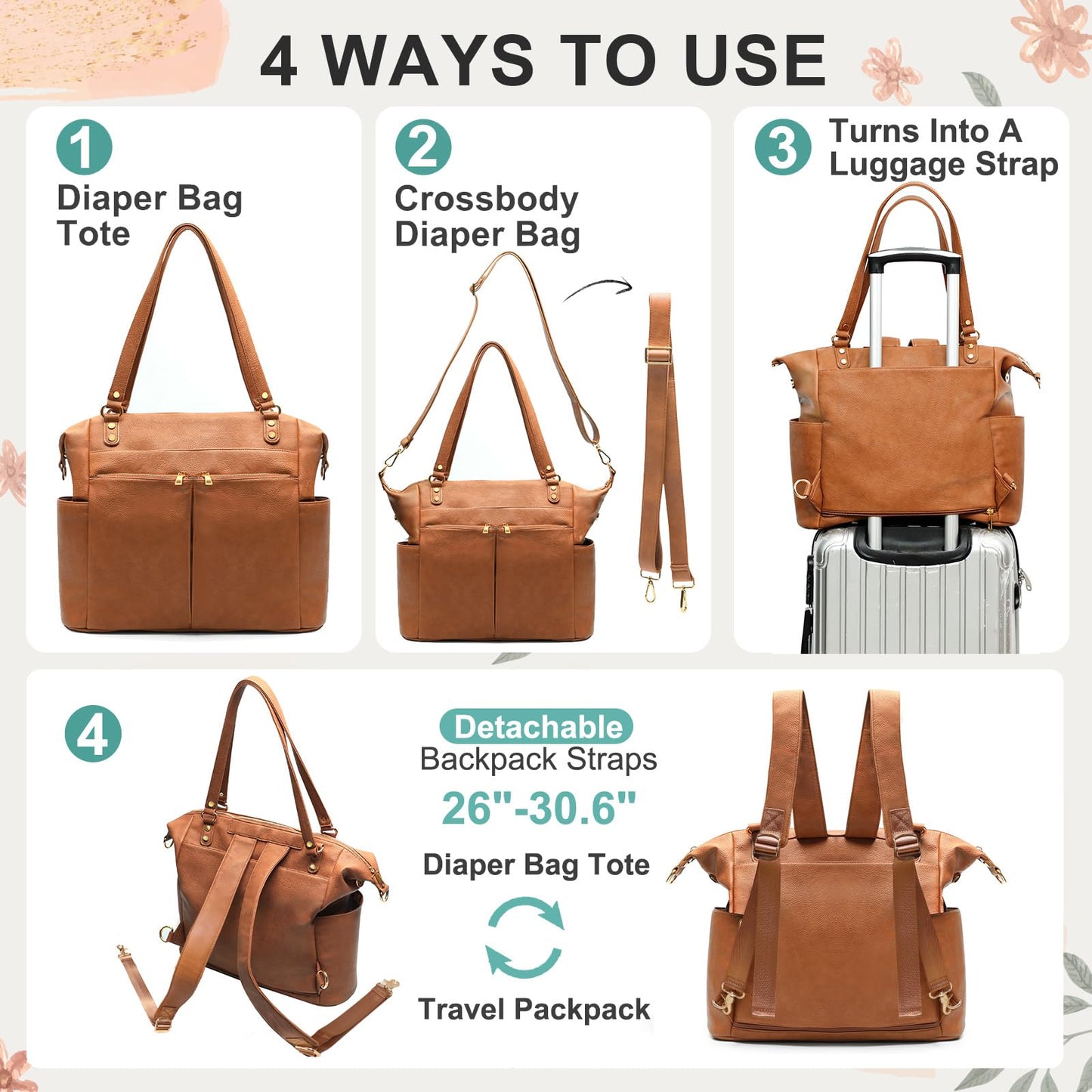 MOMINSIDE Diaper Bag Tote, 4 in 1 Leather Diaper Bag Backpack with 13 Pockets, Convertible Baby Bag for mom,Hospital bag Pañaleras Para Bebe, Changing Pad, 4 Large Insulated Pockets(Brown)