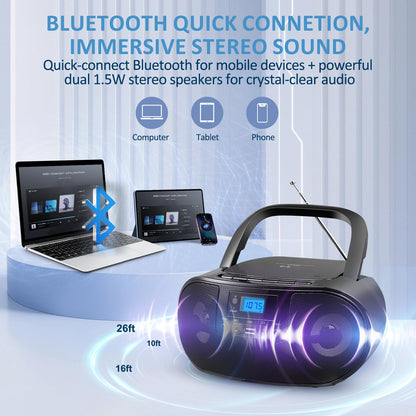 Portable CD Player Boombox with FM Radio, Top Loading CD Stereo Boom Box for Home, Bluetooth, Remote Control, LED Light, Headphone/Mic Jack, Support CD-R/RW/MP3-CD, USB, LCD Display, Black