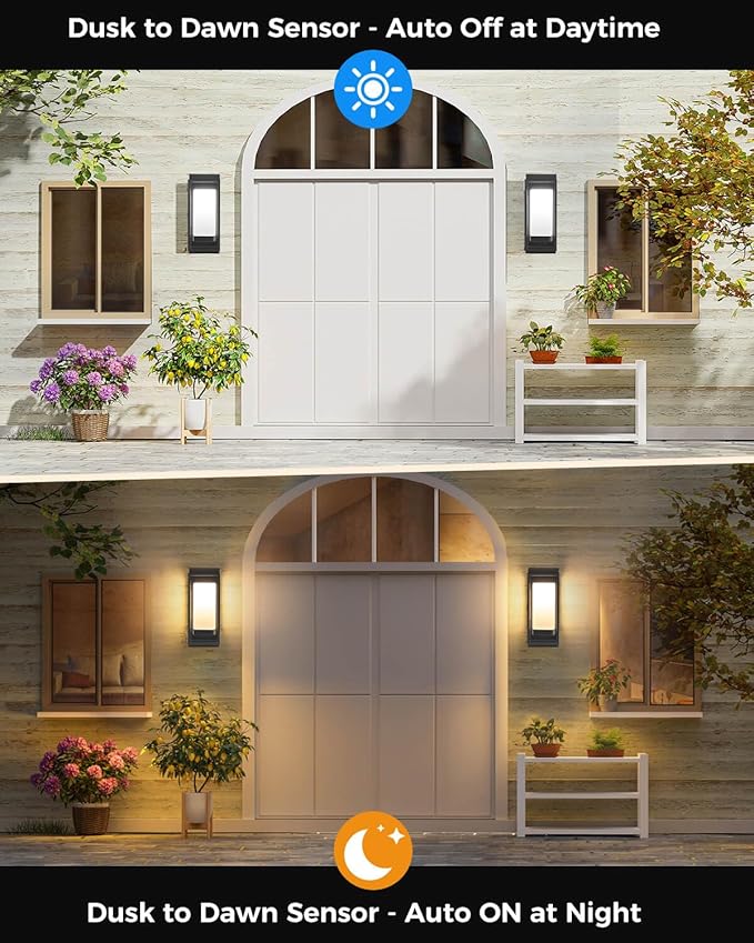 SHIMR Outdoor Wall Light with Dusk to Dawn Sensor, Black Exterior Lighting Fixtures with LED Bulb Included, E26 Base, Waterproof Outdoor Sconce Lights for Porch Garage Front Door, 2 Pack