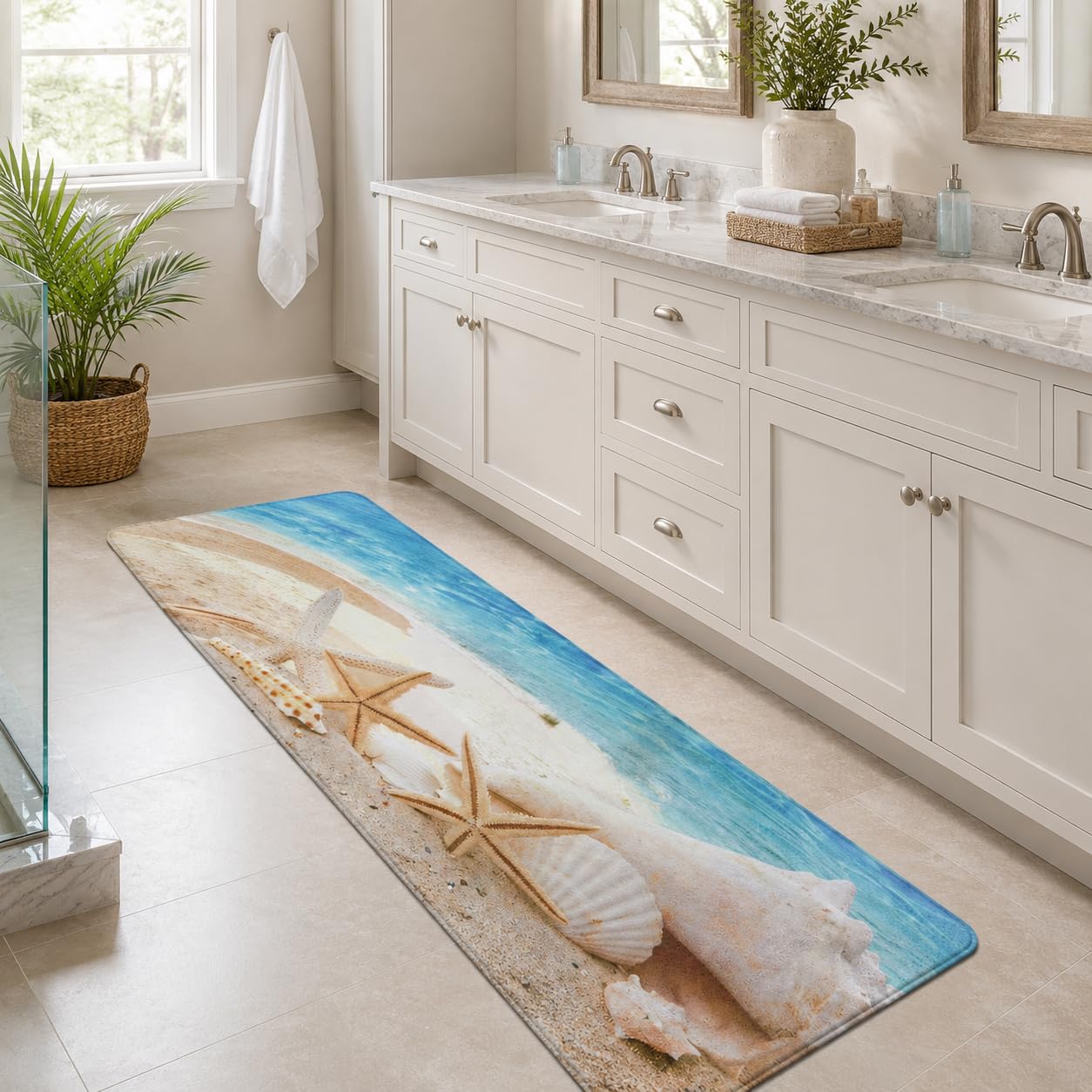Creative House Life Beach Runner Rug 2x6 ft, Starfish Ocean Coastal Memory Foam Bath Runner, Non Slip Washable Mat for Bathroom, Hallway, Laundry or Kitchen