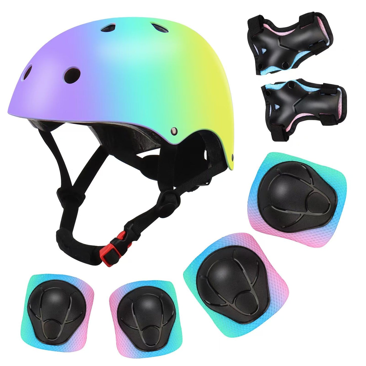 Color Gradient Adjustable Kids Bike Helmet with Knee & Elbow Pads Set | Multi-Sport Safety Gear for Boys & Girls Ages 5-14 | Skateboarding, Scooters, Roller & Inline Skating, Longboarding
