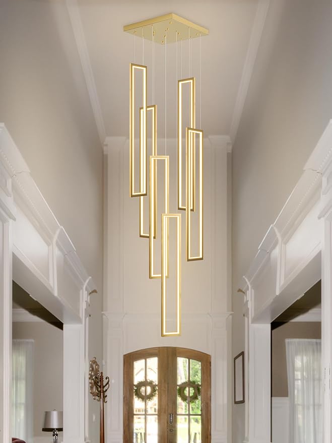 Flashing God Modern Chandelier,Gold Chandeliers with 6 Ring Led Foyer Chandeliers,Larger High Ceiling Chandelier for Living Room,Rectangle Chandelier for Entryway Staircase LED Dimming 2700k-6001k