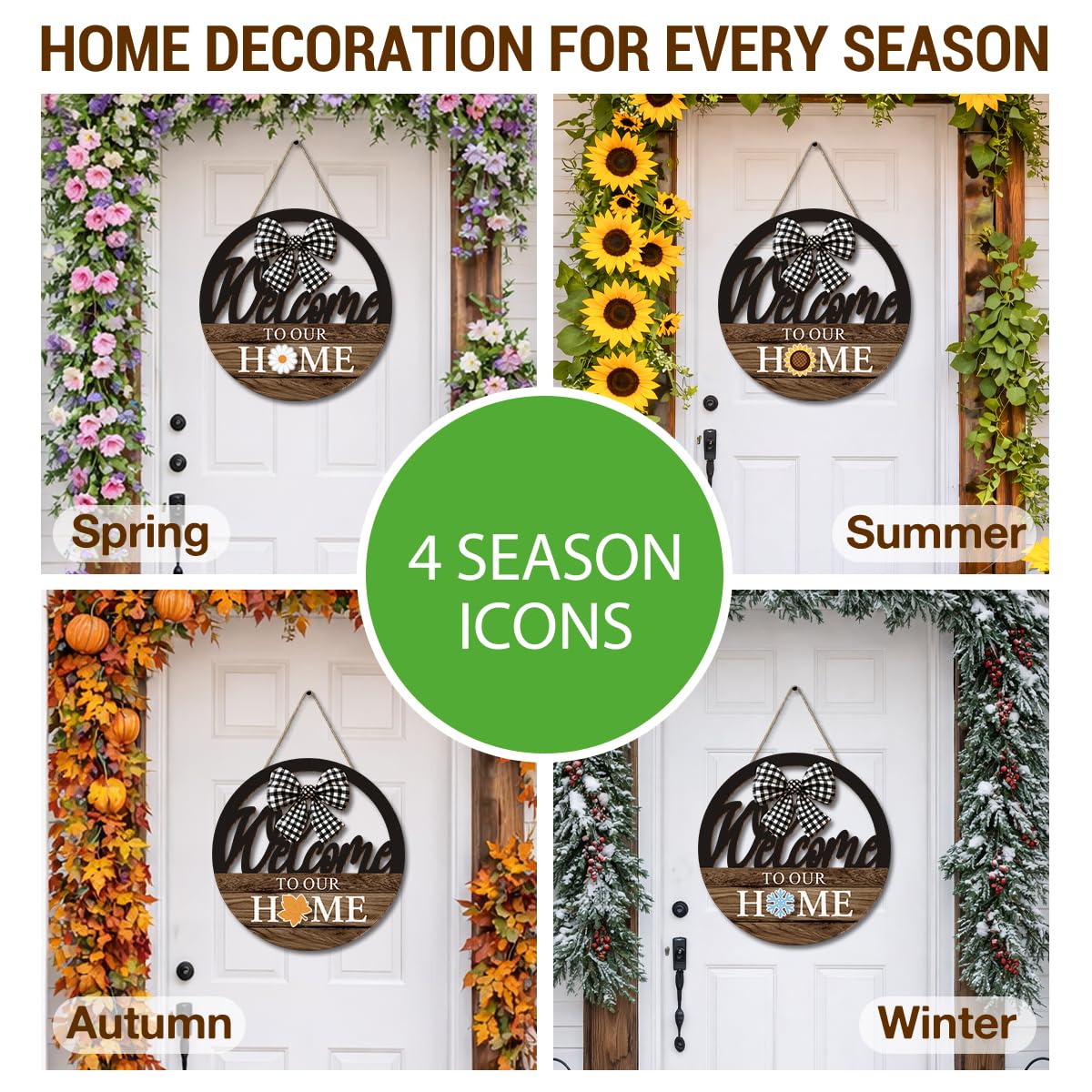 Interchangeable Seasonal Welcome to Our Home Hanging Sign - Farmhouse Front Door Decoration for Spring All Seasons Holidays - Rustic Round Wood Wreaths with 12 Icons(Brown)