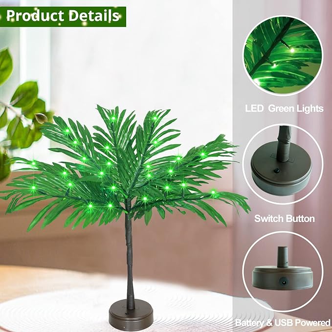 23 In Lighted Palm Tree Table Decor, Tropical Artificial Palm Tree Lights Branches Battery USB Powered, LED Mini Light Up Palm Tree Decor Table Centerpiece for Luau Summer Hawaiian Party Tiki Bar Home