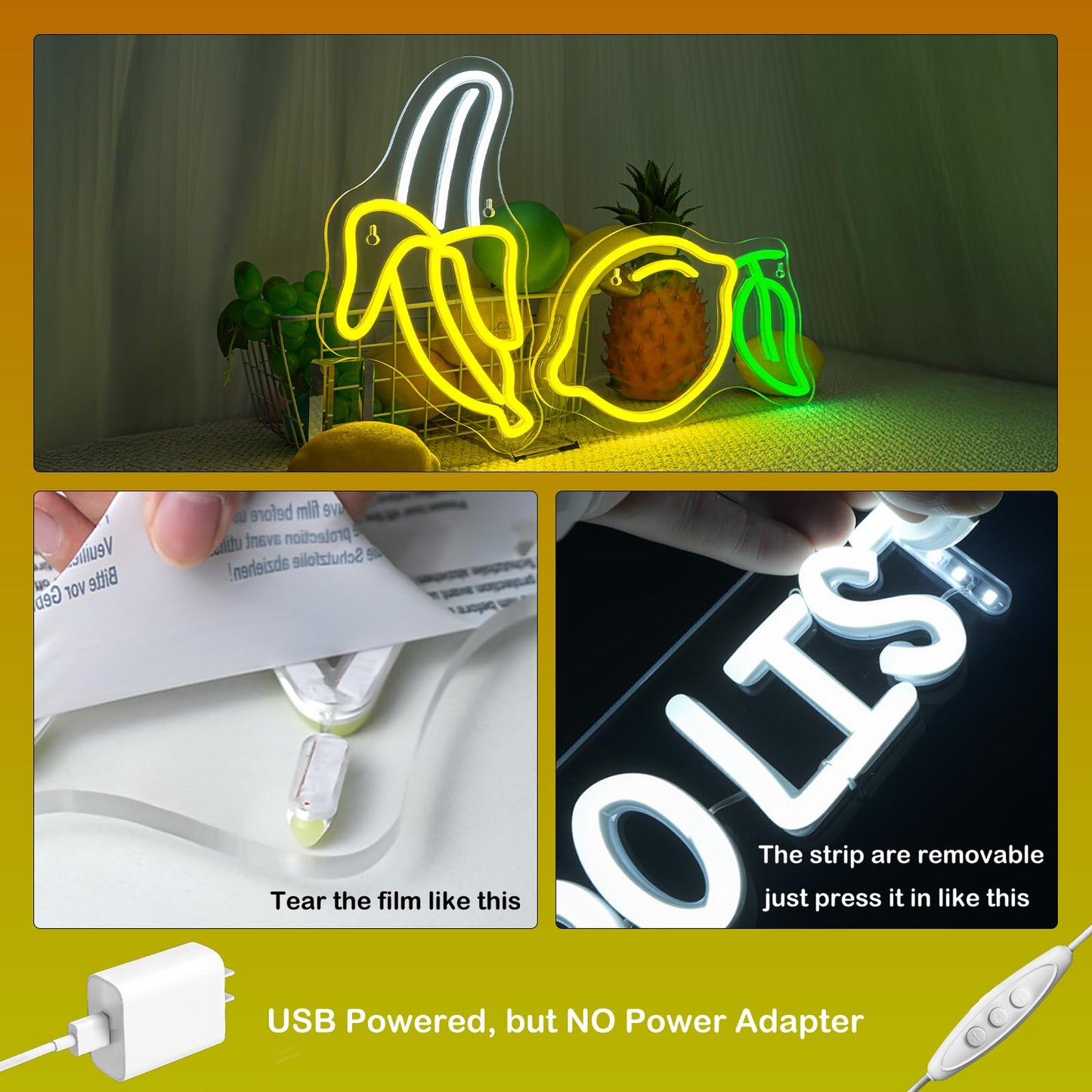 Banana and Lemon Neon Sign Set of 2 （1 Banana Light+1 Lemon Light）Fruit Neon Lights for Wall Decor, Kids Room, USB Powered Acrylic Neon Art for Bedroom Classroom