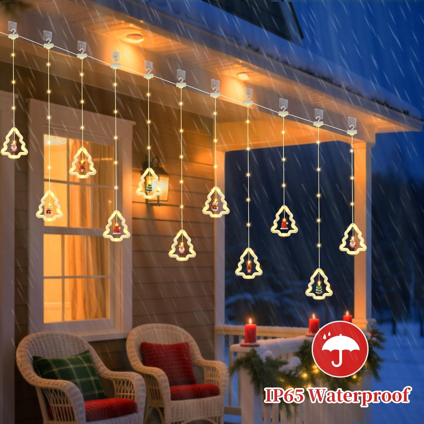 BomKra Christmas Tree Curtain Lights, Christmas Window Lights Decor with Remote,8 Lighting Modes, IP65 Waterproof, 10 Hooks Christmas Decorations Indoor Outdoor for Bedroom Party Wall Door Window
