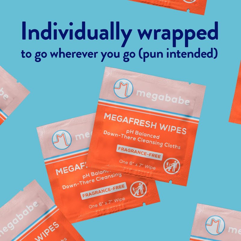 Megababe Megafresh Wipes | Unscented Cleansing Wipes for the Intimate Area | Summer and Hot Weather Essential | pH Balanced, Front & Back Use | 16 Individually Wrapped Wipes (Pack of 1)