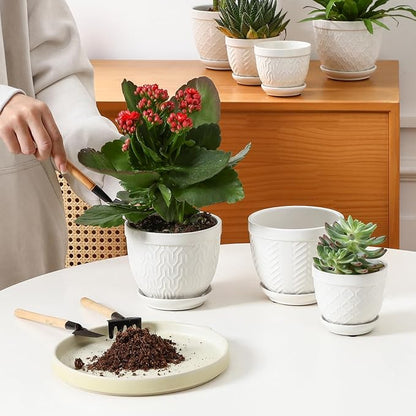 Sureasy Ceramic Plant Pots, 4.7 Inch Flower Pots for Indoor Plants, Succulent Pots with Saucer and Drainage Hole, Decorative Planter for Succulent, Cactus, Set of 4, White