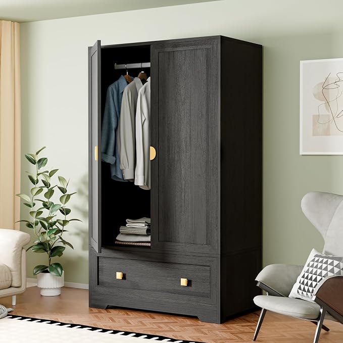 VINGLI Armoire Wardrobe Closet with Doors, 38" W Armoire Wardrobe Cabinet with Drawers and Hanging Rod, Black Wood Bedroom Armoires, 21" D x 38" W x 65" H