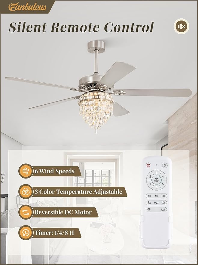 Fanbulous 60 Inch Modern Farmhouse Fandelier Ceiling Fans with Lights, Brushed Nickel Crystal Ceiling Fan Chandelier, 6 Speeds and Reversible, 3CCT, Indoor Ceiling Fan for Living Room Bedroom Kitchen