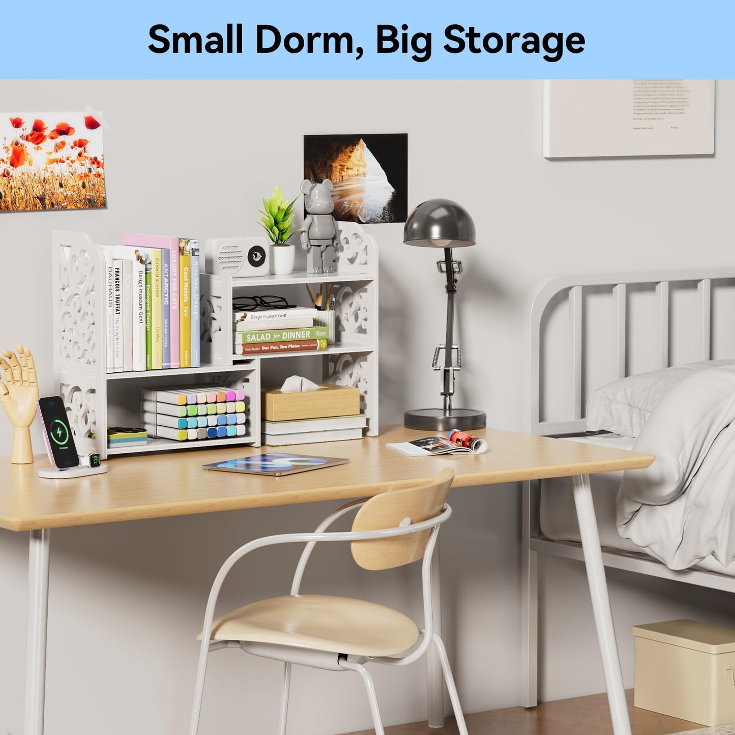 YGYQZ Desk Shelf for Top of Desk - Adjustable Desktop Organizer Shelf, Small Table Top Shelves & Desktop Shelves for Office Organization, Waterproof Bookshelf for Desk & Bathroom, White