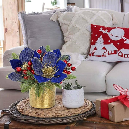 13 inch Blue Christmas Table Centerpiece 5" Glitter Magnolia Flower and Berries Fir Greenery Artificial Christmas Floral Centerpiece in Silver Ceramic Pot Tabletop Xmas Table Arrangement Decor