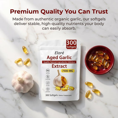 Elare Aged Garlic Extract - Odorless, Organic Garlic Extract Capsules | Heart & Immune Antioxidant Supplements, Vegetarian, All-Natural, Non-GMO, 300 Softgels