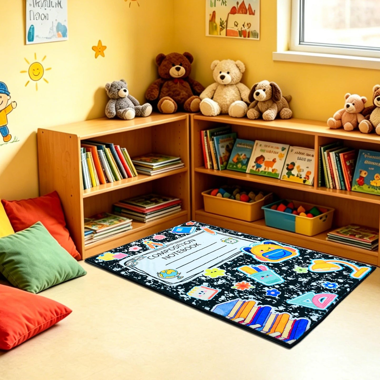 2 * 3feet Composition Notebook Classroom Rug Soft Educational Area Rug Kids Playroom Non-Slip Educational Learning Mat Play Carpet for Classroom Nursery Learning Corner Decor