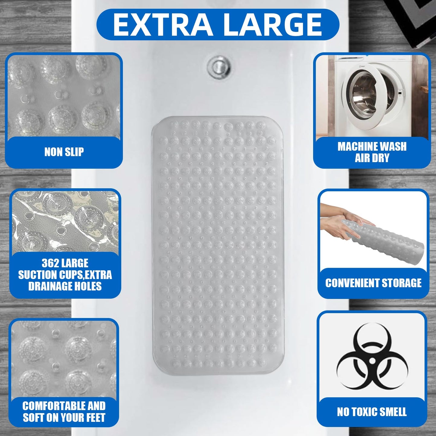 ZHICHENG Bath Mat - Shower Mat Non Slip - Long 31.88 x 15.74 Inch Bathroom Mats for Tub Nonslip - Anti Slip Bathmats - Bathtub Mat Non Slip with Massage Particles (Transparent)