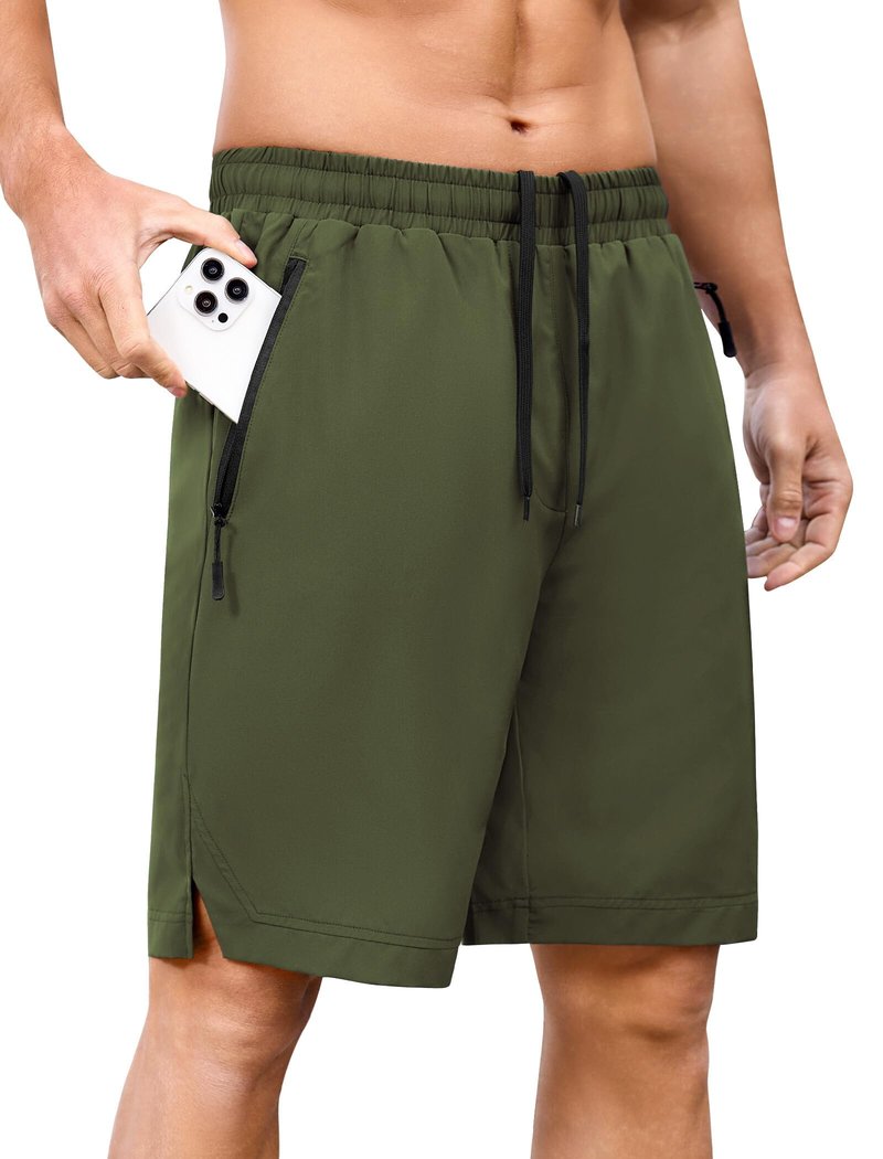 SILKWORLD Mens Athletic Shorts 9 Inch Lightweight Running Basketball Workout Shorts with Pockets, Army Greem, Medium