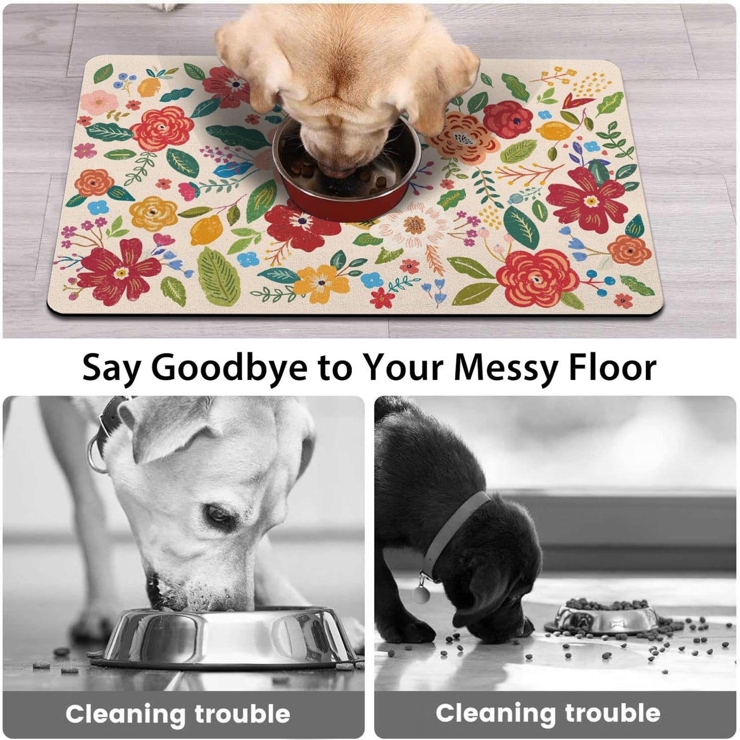 Dog Food Mat for Floors, Absorbent and Quick-Drying Pet Cat Food Mat,Anti-Fouling and Easy-to-Clean Pet Feeding Mat,Dog Bowl Mats for Messy Drinking Water Bowls.17x27inch Floral White