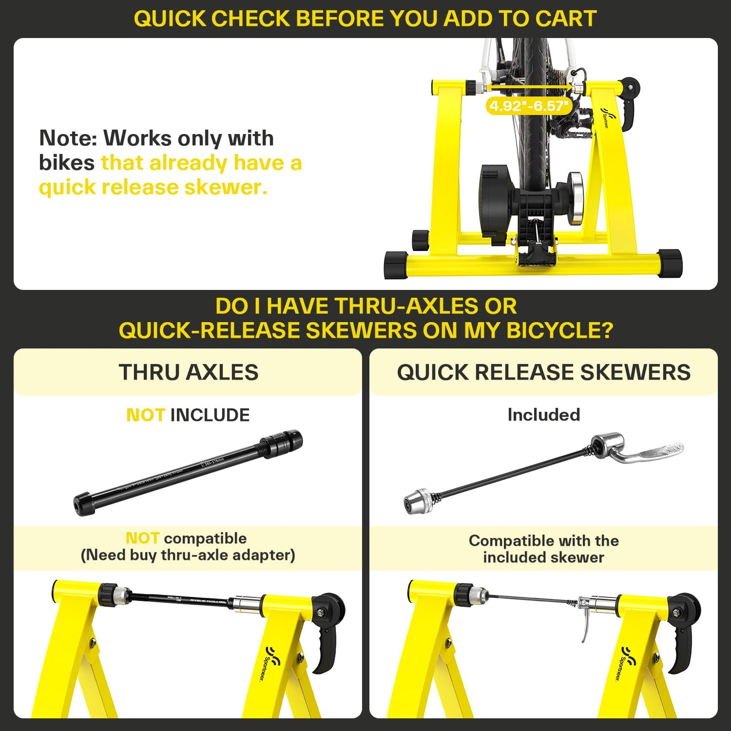 Sportneer Bike Trainer - Magnetic Indoor Cycling Trainer Stand for 26-28" & 700C Wheels, 6 Resistance Levels Stationary Bike Stand with Quick Release Lever & Front Wheel Riser Block Yellow
