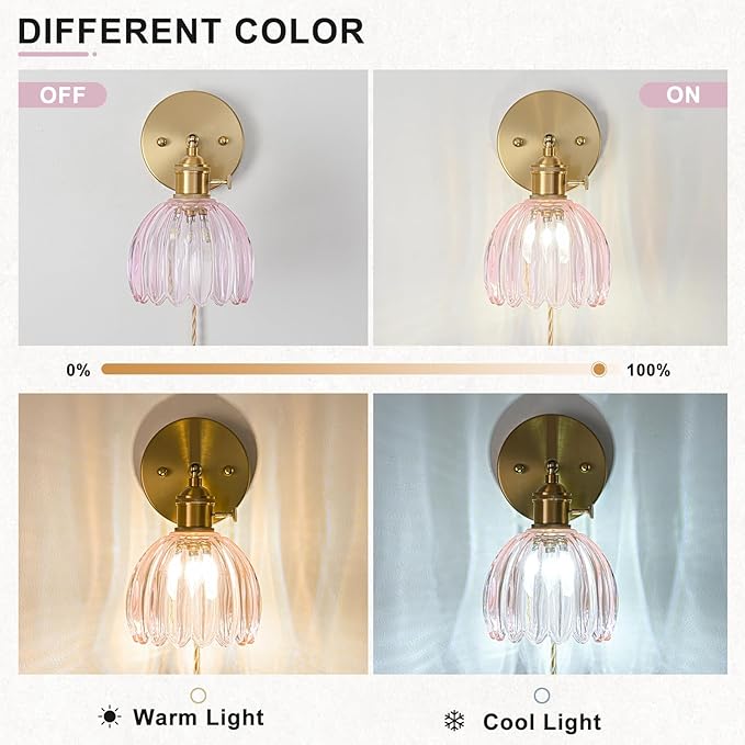 Plug in Wall Sconce, Vintage Sconce Light with Tulip Pink Glass Lampshade, 180° Adjustable Wall Sconce with Switch and Plug in Wall Lamp Cord, Gold Wall Light for Bedroom Bedside