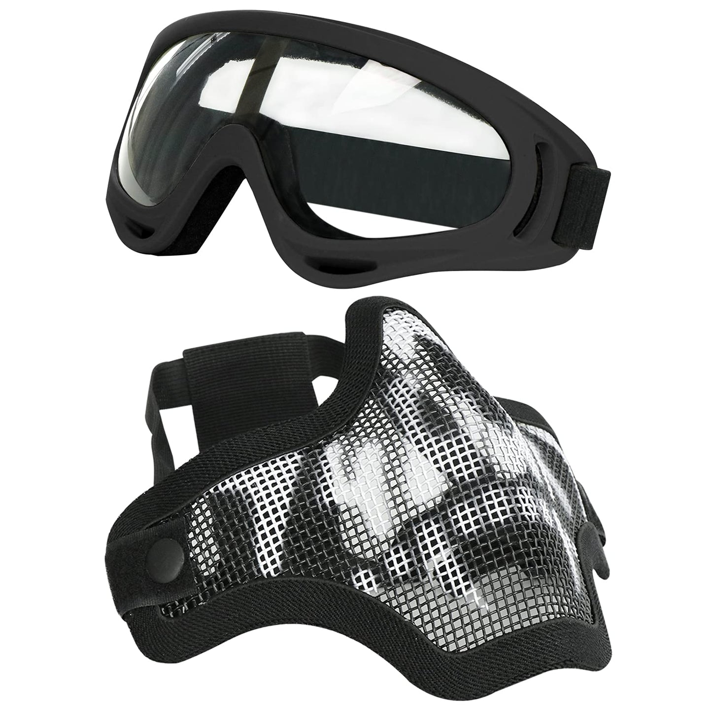 Aoutacc Airsoft Half Face Mask Steel Mesh and Goggles Set, Paintball Masks Protection Gear for Paintball BBS CS Nerf Game Cosplay Halloween Costume Accessories (Black with Pattern)
