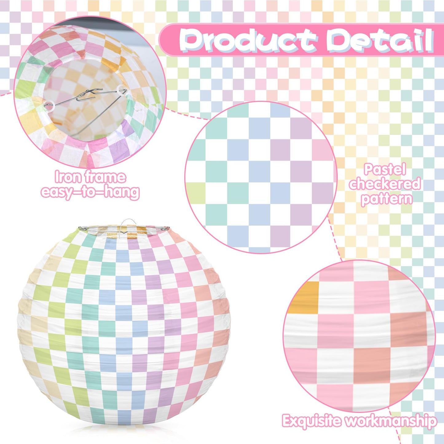 6pcs Pastel Checkered Paper Lanterns Party Decoration, 8inch Pink Gingham Ruond Hanging Lanterns Party Decor for Home Yard Ceiling Classroom Wedding Engagement Birthday Christmas Supplies