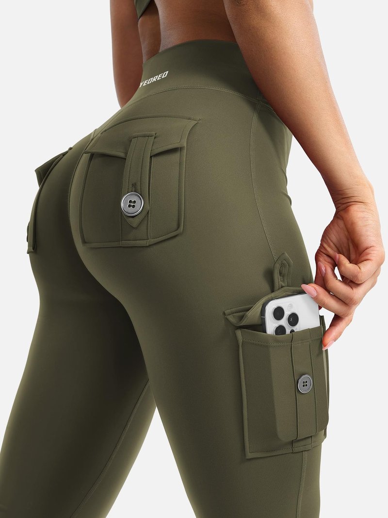 YEOREO CoreFlex Women Workout Flare Leggings with Pockets Hidden Scrunch High Waisted Cargo Gym Yoga Leggings Army Green XL