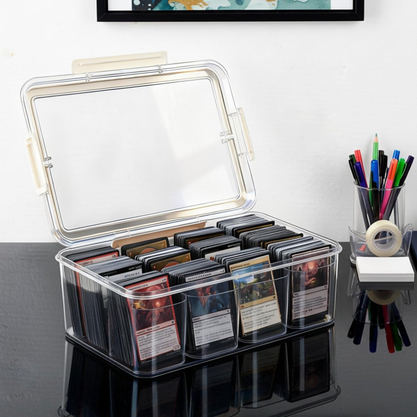PUGED MTG Card Storage Box 3100+ Acrylic Large Trading Card Box Clear Organizer Display Case with Portable Handle 4 Removable Case for MTG TCG Cards