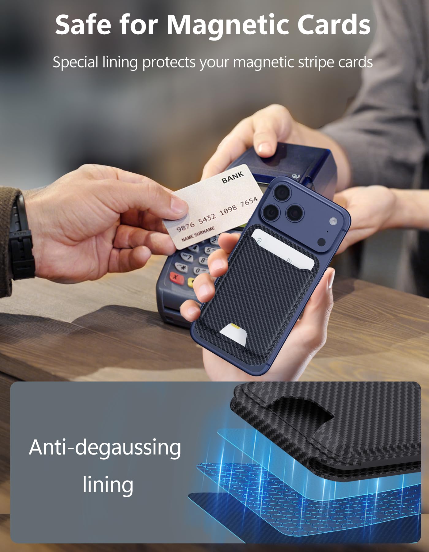 TopMade for MagSafe Wallet with Adjustable Stand, Magnetic Phone Card Holder for iPhone 17/16/15/14/13/12 Series, RFID Blocking Premium Leather, ID Window, Holds 5 Cards, Black Carbon Fiber